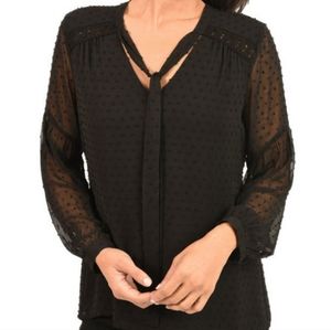 Black Bow Tie Blouse with Polka Sitting and Ruffled Hem